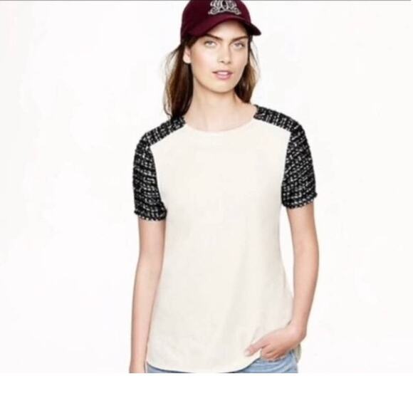 J.Crew Lux Gold Metallic Tweed Black Sleeve Cotton Cream Stretch Blouse Small - Picture 1 of 12